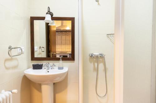 een badkamer met een wastafel en een douche met een spiegel bij Apartamentos Turisticos A Estacion in A Pontenova