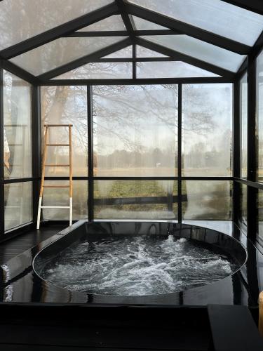 una bañera de hidromasaje en un invernadero con una escalera dentro en Ragnar Glamp Pitrags Lux PREMIUM, en Pitragutsiyeme