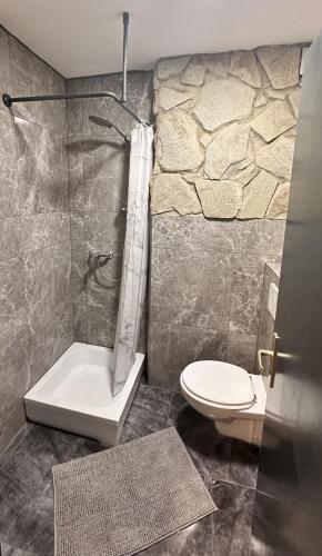 a bathroom with a toilet and a stone wall at FeWo Schwäbeleholz mit 2 Schlafzimmern in Sonthofen