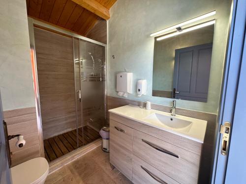 a bathroom with a sink and a shower at La Casa Rosa in Burgos