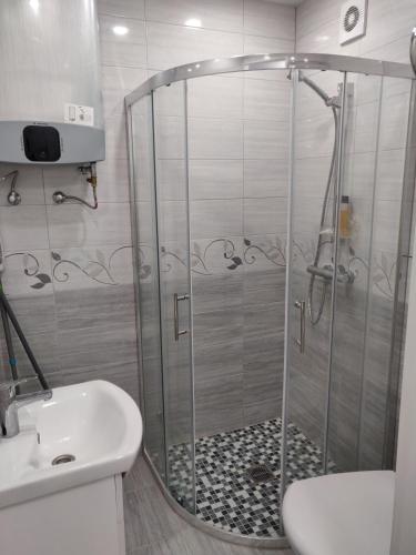 a shower in a bathroom with a toilet and a sink at Central cozy apartment in Kėdainiai