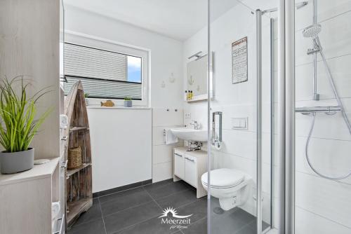 La salle de bains est pourvue de toilettes, d'un lavabo et d'une douche. dans l'établissement 5 Beaufort - Wasserhaus, Meerblick, Sauna, Dachterrasse, Bootsanleger, Strandkorb, à Olpenitz