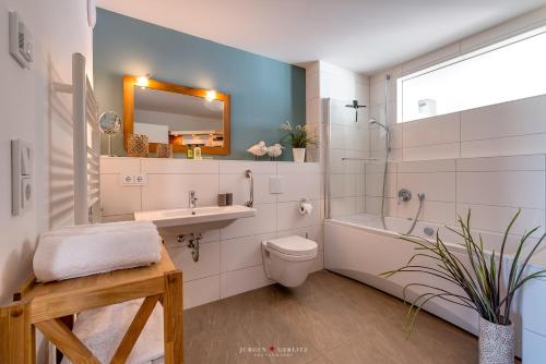 bagno con lavabo, servizi igienici e specchio di Ferienwohnung Pier 51 a Olpenitz