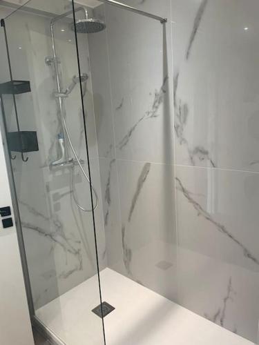 une douche avec une porte vitrée dans une salle de bain dans l'établissement Appartement MARTINEZ 4 couchages, à Cannes