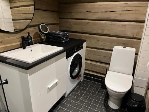 a bathroom with a sink and a washing machine at Invisible Forest Lodge in Rovaniemi