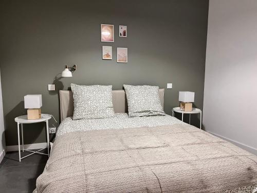 een slaapkamer met een groot bed met twee nachtkastjes bij Appartement Premium avec Terrasse - Parking privatif Gratuit - Fibre Wi-Fi - À 2 min Centre-Ville Dole in Dole