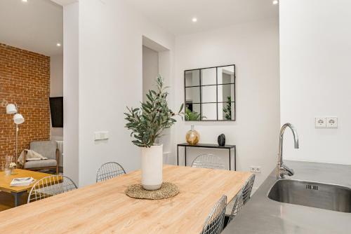 馬德里的住宿－Premium Apartment LaLatina II Renovated 3BR 3BH，厨房以及用餐室,配有带植物的桌子