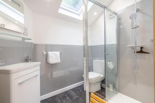 a bathroom with a shower and a toilet and a sink at The Botanical Flat 1 in Sheffield
