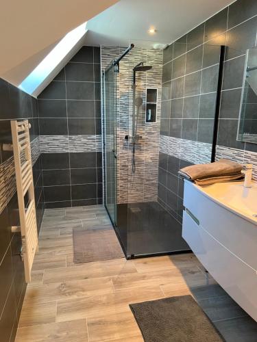 a bathroom with a shower and a sink at La Corderie in Mûrs-Érigné