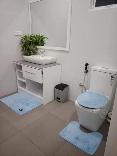 a bathroom with a toilet and a sink and a mirror at ORA Luxury Villas Hikkaduwa in Hikkaduwa