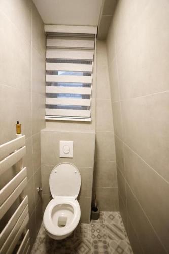 a small bathroom with a toilet and a window at Winter House TT Jahorina in Jahorina
