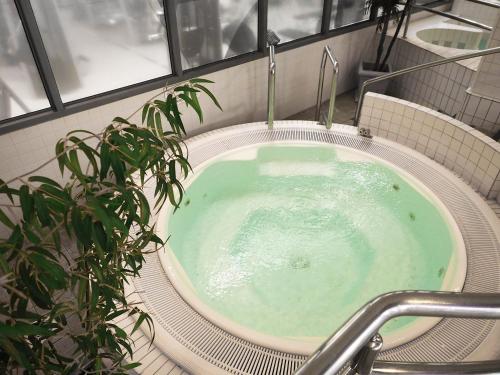 a bath tub in a bathroom with a plant at Santasport Resort in Rovaniemi