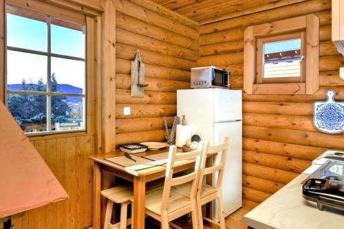 阿拉霍瓦的住宿－Cozy house on Parnassos Mountain，小屋内的厨房配有桌子和冰箱