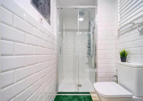 ein weißes Bad mit einer Dusche und einem WC in der Unterkunft (J4) Loft Céntrico Madrid Retiro A estrenar in Madrid