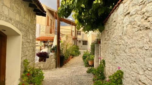 an alley with plants and flowers in an old building at Juliet Suite by TrulyCyprus in Doros