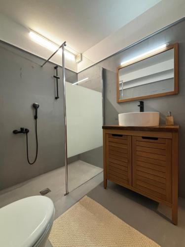 a bathroom with a toilet and a sink and a mirror at Athens Countryside resort with pool in Pallíni