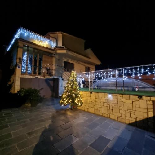 a christmas tree in front of a building with lights at Raco de Lis in La Torre de Claramunt