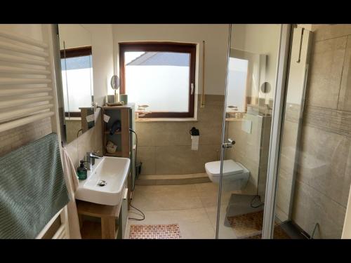 的住宿－NEU Ferienwohnung Waldecker Land，带淋浴、盥洗盆和卫生间的浴室