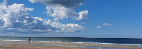 a person standing on a beach with the ocean at Centralt by hus Blokhus-Hune til 10 pers privat Gårdhave in Blokhus