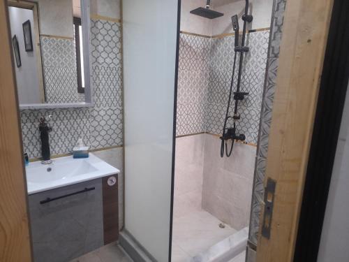 a bathroom with a shower and a sink at توت كينج بيراميدز فيو in Cairo