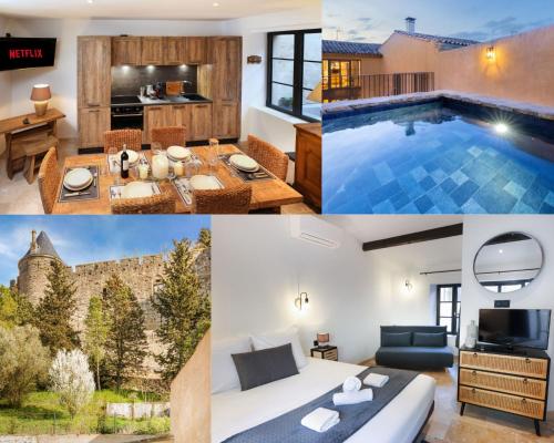 un collage de photos d'un hôtel avec piscine dans l'établissement Longue Vie à la Reine - Piscine - Château, à Carcassonne