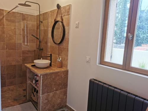 une salle de bain avec un lavabo et une douche dans l'établissement Maison de la bonne fontaine., à Lauris
