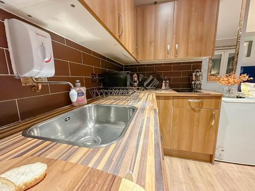 a kitchen with a sink in the middle of a counter at Stunning Studio Garden House - Free Wifi & Parking in Hendon