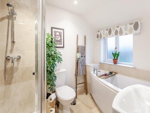 a bathroom with a toilet sink and a shower at The Old Smithy in West Ashton