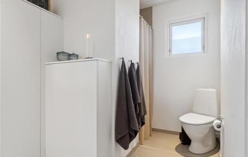La salle de bains blanche est pourvue de toilettes et d'une fenêtre. dans l'établissement Amazing Home In Skagen With Kitchen, à Skagen