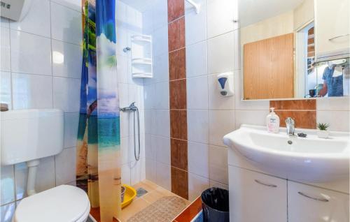 ein Bad mit einem WC, einem Waschbecken und einer Dusche in der Unterkunft Pet Friendly Home In Vrgorac With Wi-fi in Vrgorac