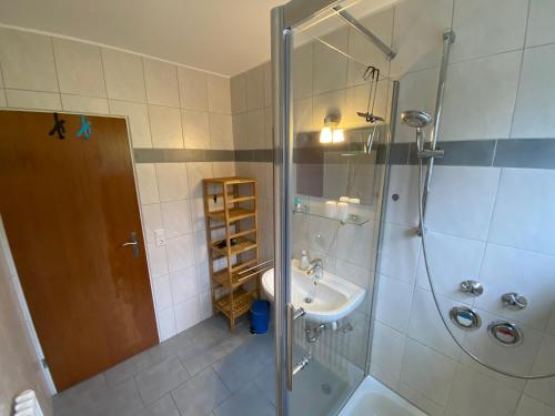 uma casa de banho com um chuveiro e um lavatório. em Am Gallerturm mit Seeblick em Überlingen