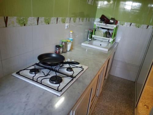 Niveau de Villa entre Béjaïa et Jijel (Ziama) في جيجل: مطبخ مع موقد عليه مقلاه