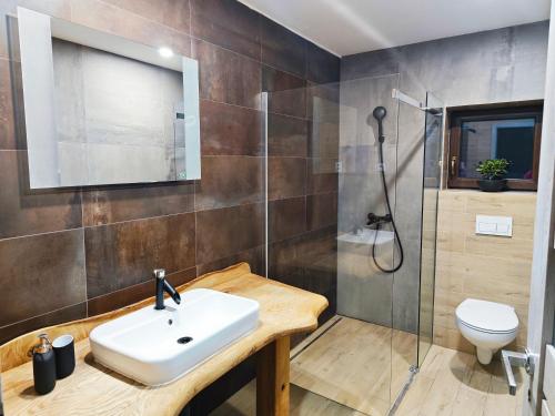 a bathroom with a sink and a shower at Chalety Bystrá in Bystrá