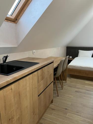 a kitchen with a sink and a bed in a room at Zlatni Odmor (Centar) in Zlatibor