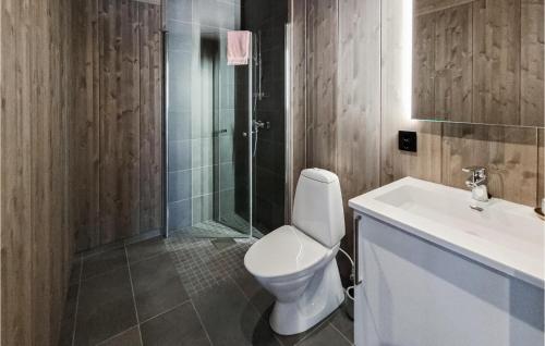 uma casa de banho com um WC, um chuveiro e um lavatório. em 3 Bedroom Nice Home In Vringsfoss em Maurset