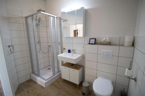 La salle de bains est pourvue d'une douche, d'un lavabo et de toilettes. dans l'établissement NEU! FeWo Fachwerkstübchen, à Alsfeld