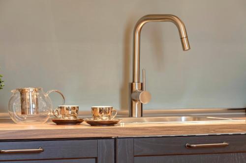 a kitchen counter with two tea cups and a sink at Mamo Florence - La Badessa Apartment in Florence