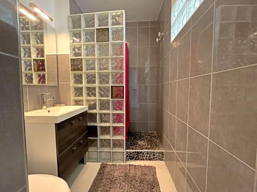 La salle de bains est pourvue d'un lavabo et d'une douche vitrée. dans l'établissement Studio 27m² proche mer avec balcon, parking et ascenseur - tout confort ! - FR-1-646-16, à Berck-sur-Mer