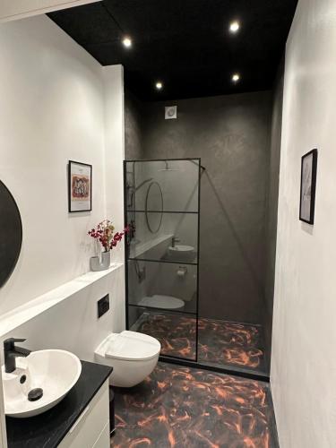 a bathroom with a glass shower and a toilet at Torvet17 Nr4 - 35m2 in Maribo