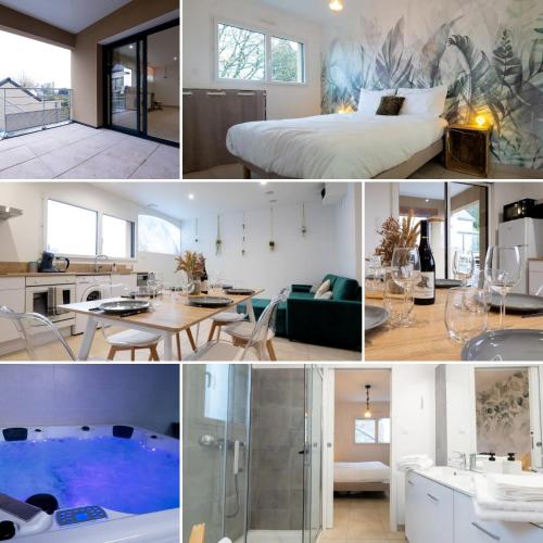 un collage de photos d'une chambre et d'un salon dans l'établissement Appart Hôtel La Gacilly-centre ville-SPA-parking, à La Gacilly
