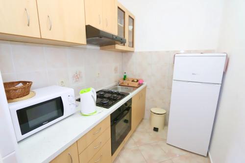 a kitchen with a white refrigerator and a microwave at Apartments Delminium in Lun