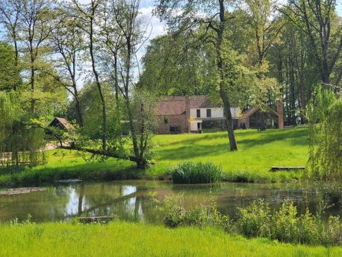 a house in the middle of a field with a pond at Private Apartment at Woodland Retreat in Gamlingay