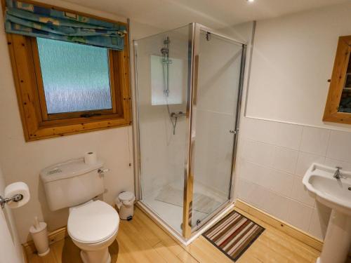 a bathroom with a shower and a toilet and a sink at Bamboo Retreat in Legbourne