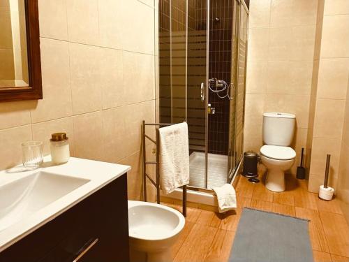 uma casa de banho com um lavatório, um WC e um chuveiro em Varandas do Marquês em Lisboa