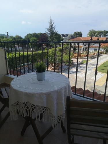 a table with a potted plant sitting on a balcony at Makis Nest Apart-Hotel in Vourvourou