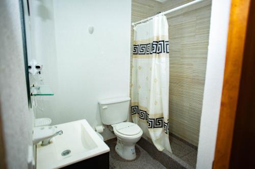 y baño con aseo y cortina de ducha. en Hotel Complejo Del Carmen San Bernardo en San Bernardo