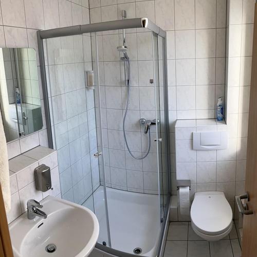 a bathroom with a shower and a toilet and a sink at Zimmer8 bei Göcke in Recke