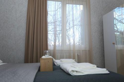 a bedroom with a bed with a window and white towels at Gio&Mai Appartment in Tbilisi City