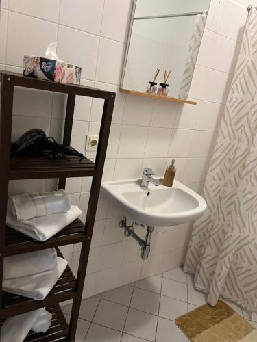 uma casa de banho com um lavatório e uma prateleira com toalhas em MM Luxury Apartments em Viena