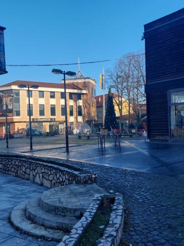 a city street with a building and a christmas tree at Apartman Magus in Tuzla